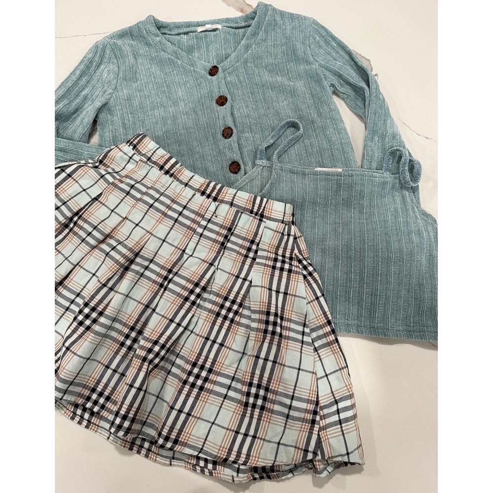 Light Blue Plaid Skirt‎ Cardigan Set  Girls 12 School academia